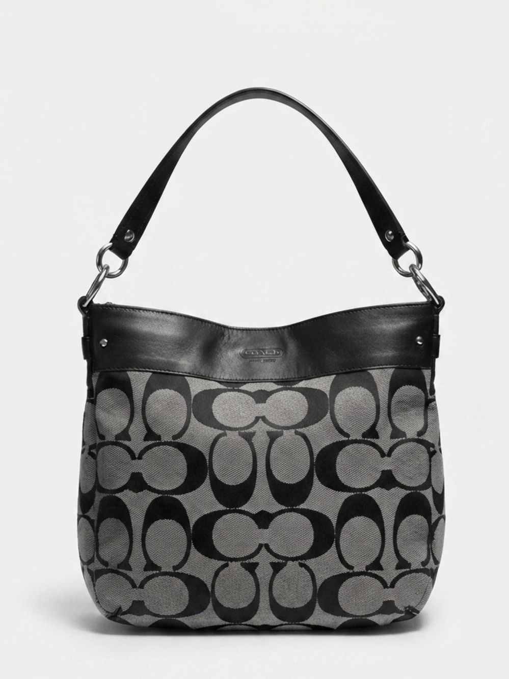 Coach Black Gray Signature C Hobo Shoulder Bag Large Purse Leather Trim F14700